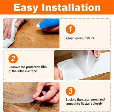 Transparent Stair Treads - 15 Piece Set - 10 x 81cm Anti-Slip Carpet for Stairs - Self-Adhesive Non-Slip Stair Mats for Wood Steps