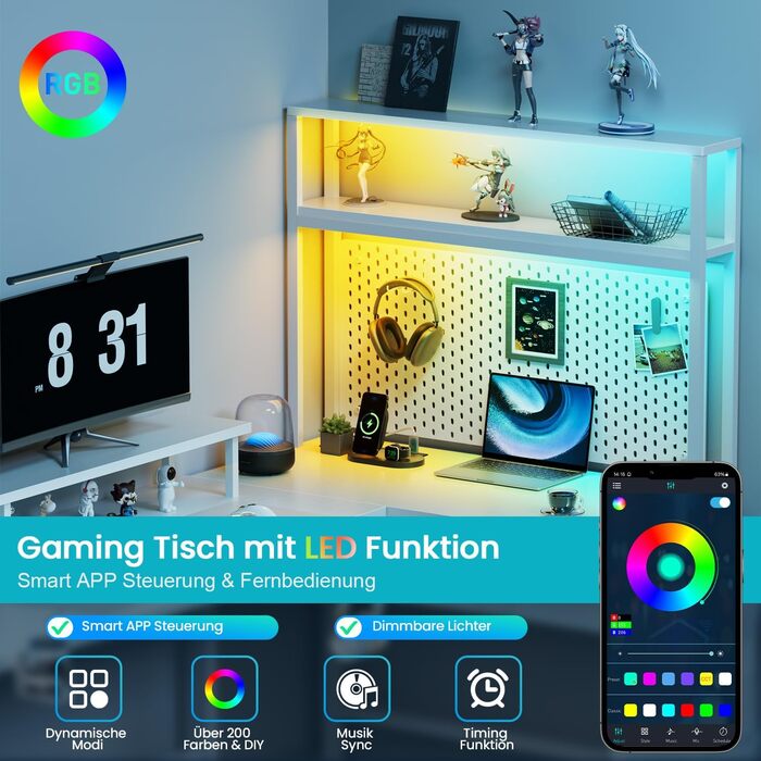 Ігровий стіл кутовий 150x100 см з 3 розетками та 2 USB, зворотний, з LED підсвічуванням, з ящиками та підставкою для монітора. Білий кутовий ігровий комп'ютерний стіл 170x100 см.