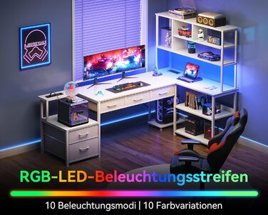 Комп'ютерний стіл Coleshome з 5 шухлядами та 4 полицями 180x100 см, L-подібний стіл з LED-підсвіткою, розетками та USB, великий стіл для home office, білий