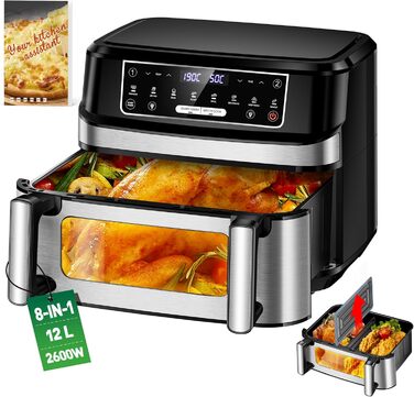 Фритюрниця повітряна подвійна 12л з 8 програмами та рецептами | Регулювання температури до 200°C, срібна