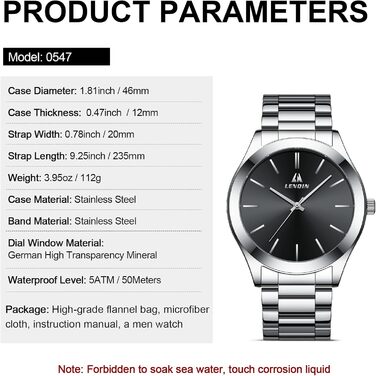 Годинник чоловічий LENQIN з нержавіючої сталі, аналоговий кварцовий годинник, водостійкий (30м), для бізнесу та повсякденного носіння, срібно-чорний (02)