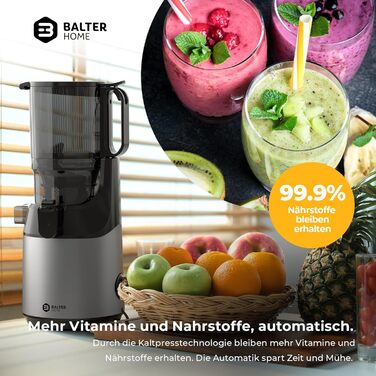 Balter Slow Juicer, Large 108mm Opening, 250 Watts, Juicer for Vegetables and Fruits, Fruit Press, BPA Free, Quiet