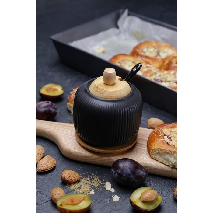 Керамічна цукерниця з бамбуковою кришкою та підставкою, цукровий контейнер OSBO (Чорний)
