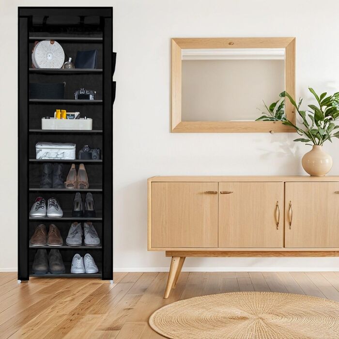 INTIRILIFE Folding Wardrobe 170x58x28 cm in Raven BLACK - with Zipper Fabric Wardrobe, Clothes Rack, Shoe Shelf with 9 Storage Compartments - Camping Storage Box, Textile Wardrobe