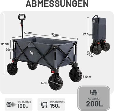 Візок-садовий Timber Ridge XXL 200л з гальмами, широкими колесами, бічною кишенею та тримачем для напоїв. Складний, для кемпінгу, покупок, вантажопідйомність 150кг, сірий