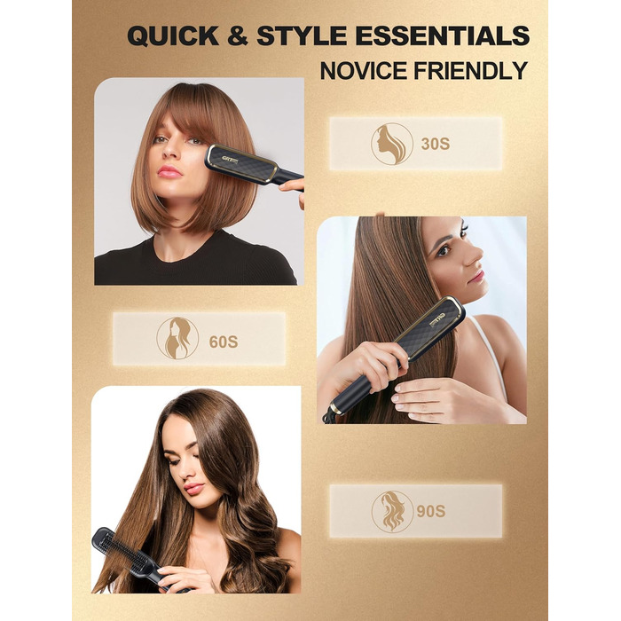 Випрямляч для волосся щіткою 2 в 1 | Керамічний випрямляч з PTC, антиопіковий дизайн, 30 температурних режимів (80℃~230℃), LED-дисплей, для жінок, чорний A.schwarz