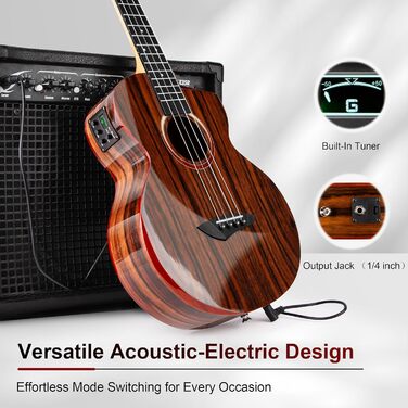 Гуталеле Caramel GEG95 з бокоте, глянцеве покриття | Акустична та електрогітара з аксесуарами для подорожей | 30' Baritone, чорне ебоні | Професійний набір, ручної роботи