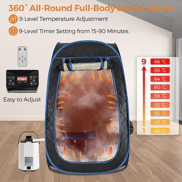 Портативна парова сауна HOMASIS для дому з генератором пари 3 л, пульт дистанційного керування, 9 температурних режимів та 9 таймерів, сауна-намет з відкидним стільцем та масажером для ніг (Чорний)