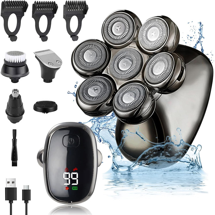 Електричний гостростример для голивної голови 5-в-1 для чоловіків, з 7 обертовими лезами, водонепроникний, USB-C, з LED-дисплеєм