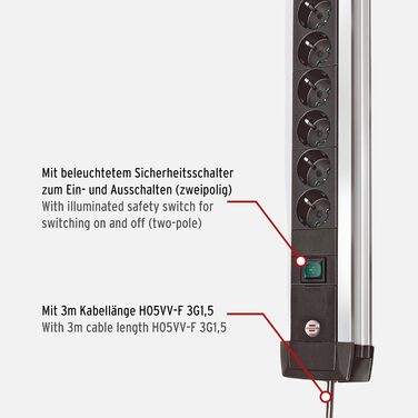 Бренненштуль Розподільник розеток Premium-Alu Line 12 розеток з алюмінію, 2 вимикачі, 3м кабель, Made in Germany