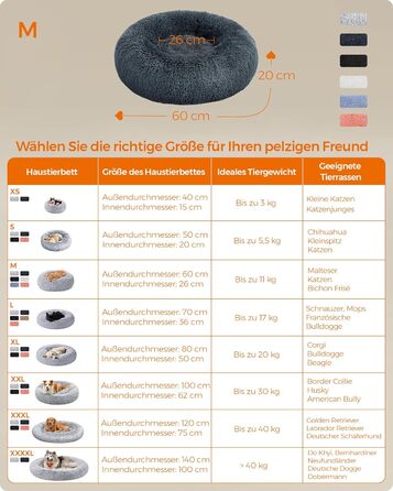 Кругле ліжко для собак та котів Feandrea, м'яке, донат, 60 см, темно-сірий, знімний наповнювач