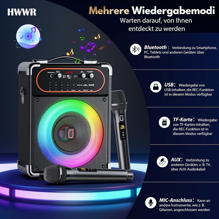 Караоке машина з 2 мікрофонами, портативна Bluetooth колонка з LED-підсвічуванням, Party Box, підтримує USB/TF-картку/AUX/FM, чорний S-68
