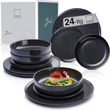 SÄNGER | Bali 24-Piece Dinner Set, Tableware Set for 8 People, Stoneware Plates, Dinnerware Set including Dinner Plates, Dessert Plates & Deep Plates, Dinner Plates, Table Service Dark Gray with Dark Grain. Bali Tableware Set 24 pcs.