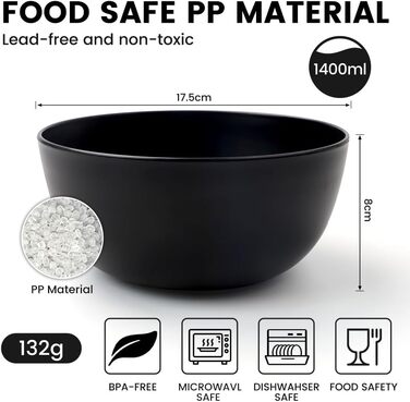 Набір мисок Bugucat для мюслі, супу та салатів, 6 шт, 1400 мл, чорного кольору