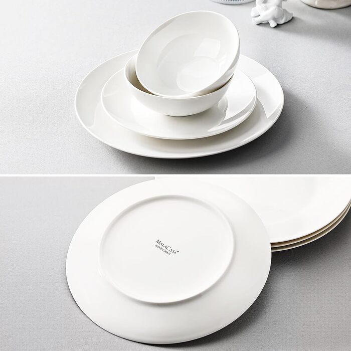 MALACASA Набір посуду 12 предметів для 4 осіб з кісткового фарфору, серія JERA Weiß, кремово-білий, міцний, для миття в посудомийній машині та для мікрохвильовки