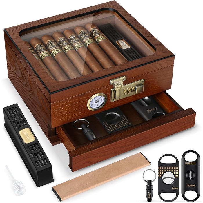 Гумодор для сигар з кедрової деревини, з гігрометром, зволожувачем, перегородкою, ящиком для аксесуарів та кодовим замком (20-35 сигар)