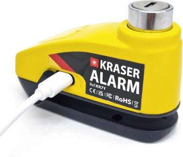 Протиугінний замок KRASER KR7Y на гальмівний диск для мотоцикла з сигналізацією 110 дБ, акумуляторний, зарядка USB Type-C, універсальний Ø7 мм