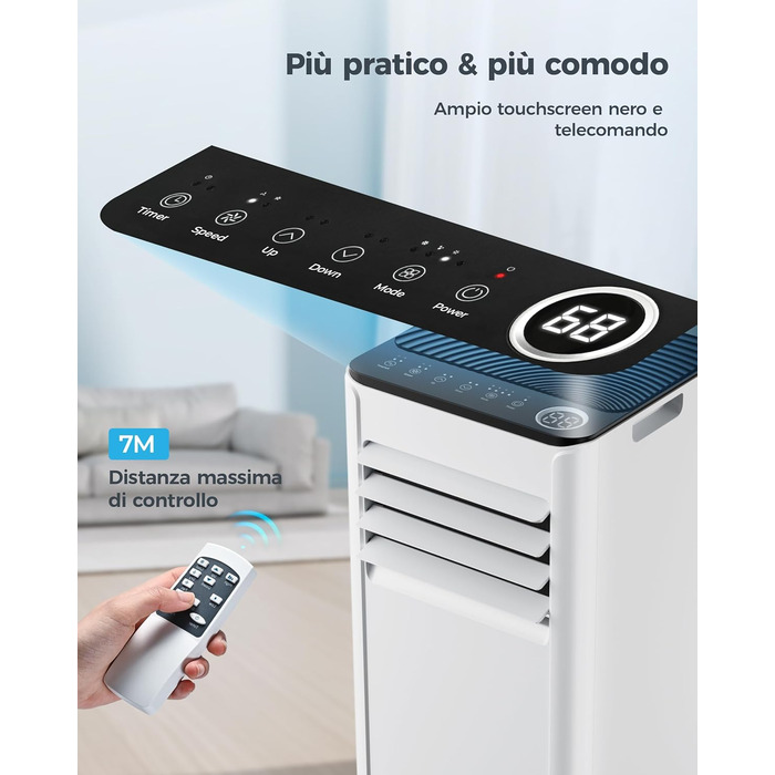 Мобільний кондиціонер 9000 BTU з випускним шлангом | 4-в-1 | Тиха робота <48 дБ | Цифровий дисплей + пульт дистанційного керування | Комплект для встановлення у вікно | Таймер 24 години | Для приміщень до 25 м²