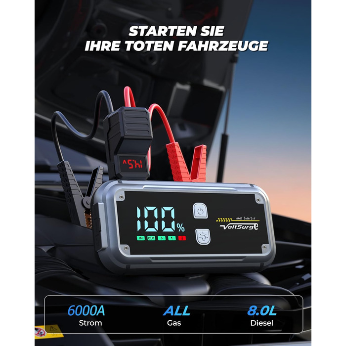 Портативний пусковий блок Starthilfe Powerbank 6000A з USB, LCD, ліхтариком, 12V для бензинових та дизельних двигунів