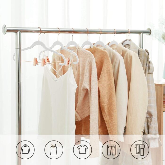 SONGMICS Clothes Hangers, 24 Pack, 42 cm, Garment Hangers with Adjustable Clamps and Gold Hooks, Non-Slip, Space-Saving, for Skirts, Light Pink CRF14PK24, Standard, (White)