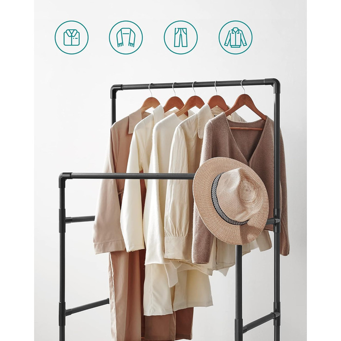 SONGMICS Дзеркало-вішалка для одягу металева, біла, з 2 перекладинами та полицею, до 55 кг, проста збірка RDR01WT (Чорний)