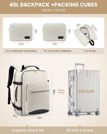 Рюкзак LOVEVOOK для ручної поклажі в літак, 40L, великий, для жінок, валіза-рюкзак, водонепроникний, для ноутбука 17 дюймів, для подорожей, бізнесу, роботи, відпочинку, хайкінгу, weekend (M, Бежевий+чорний)