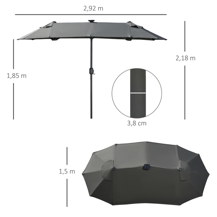 Сонцезахисний парасолька Outsunny Doppelsonnenschirm, 295 x 219 см, парасолька з LED-підсвічуванням, овальна, вітростійкий садовий парасоль, стабільний, парасолька для ринку з регульованим кутом нахилу для тераси, басейну, поліестер, сталь, темно-сірий | 