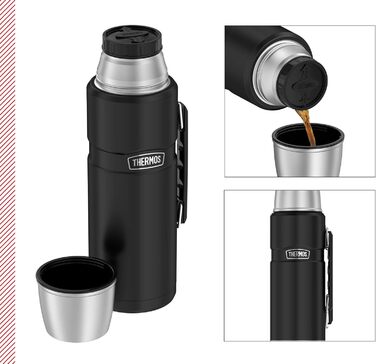 THERMOS STAINLESS KING Thermos flask black matte 1.20L - Stainless steel, absolutely leak-proof, with drinking cup and handle, 12h hot & 24h cold, dishwasher safe, BPA-free