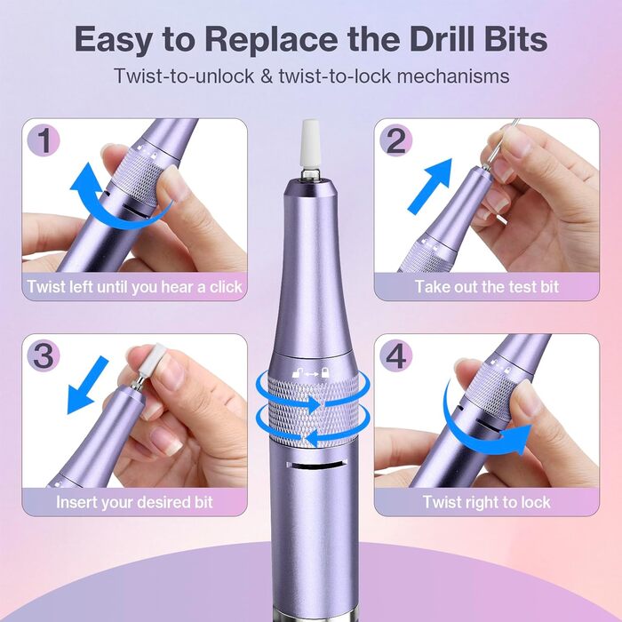 Електрична нігтьова фрезерна машинка для манікюру та педикюру, 40000 об/хв, LCD дисплей, професійний набір, фіолетовий