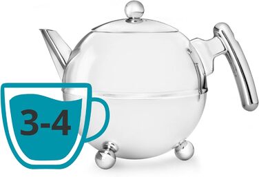 Bredemeijer round, double-walled stainless steel teapot, 1.2 liters with chrome-colored handle (0.75 l)