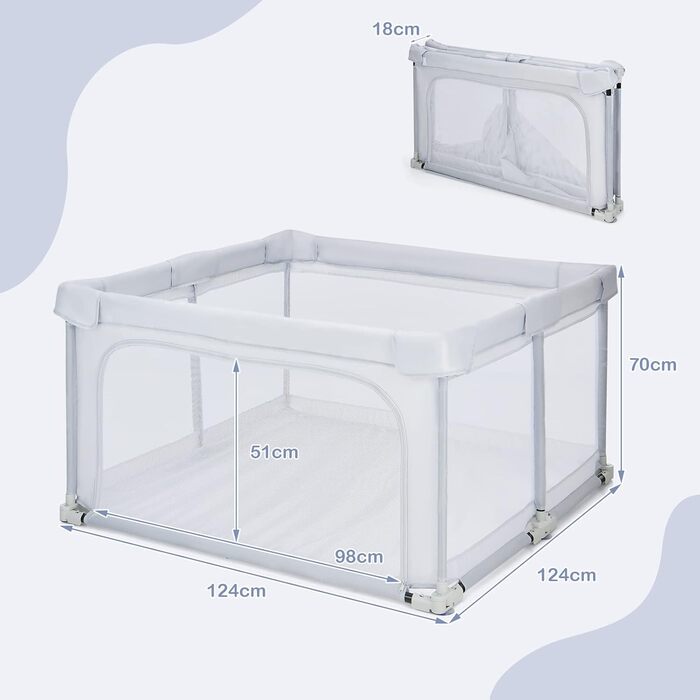 COSTWAY 124 x 124cm Baby Playpen, foldable, portable playard with 50 balls, 4 handles, locking function, crawling gate with net walls & door, playpen tent for infants & children (Light Grey)