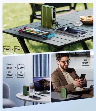 Power Bank KU XIU 25000mAh 100W з 3-портом, LCD-дисплеєм, PD 3.0 для MacBook, iPhone, Galaxy, iPad (Зелений)