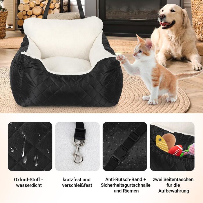 Автокрісло для собак Eikuavons - чорне, 47x47x21 см, з кишенями та шнуром для прив'язування