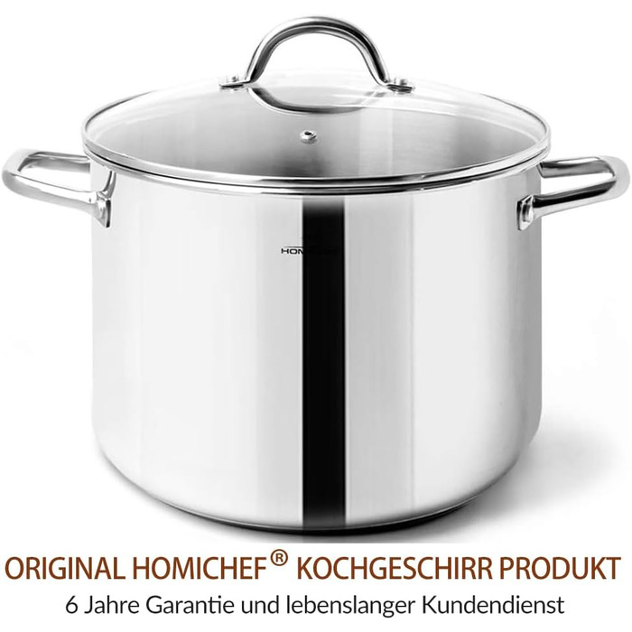 HOMICHEF Soup Pot 24.5 cm 9.5 Liter with Glass Lid - Nickel-Free Stainless Steel Pot 9.5 Liter with Handle - High-Gloss Polished Soup Pot 9.5 Liter - Healthy Induction Pot Cooking Pot with Lid Silver Glossy - Stainless Steel High-Gloss Polished (7.6 Liter - 24.5 cm wide, Silver Glossy - Stainless Steel High-Gloss Polished)