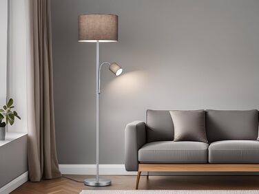 Стельова лампа Trio Leuchten Hotel 403900211, металевий нікель матовий, сірий тканинний абажур, комплектація: 1x E27 + 1x E14, 60 Вт