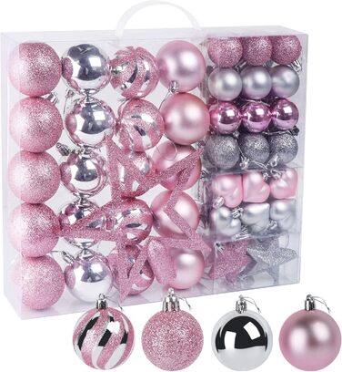 Набір прикрас для ялинки Agoer 100 шт. - блакитні, рожеві та срібні кульки з блискітками, пластик