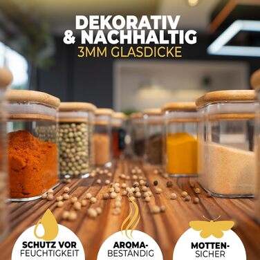 Spice Jars Square I 12 x 160 ml Set I Increased Glass Thickness I Stackable Spice Containers with Bamboo Lids I Airtight Spice Storage for the Kitchen I Suitable for Spice Storage