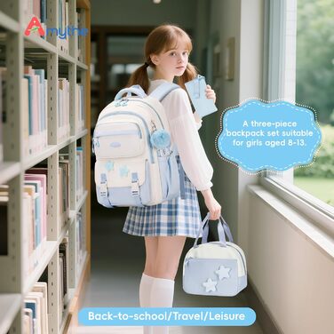 Шкільний рюкзак для дівчинки Lässig 3 в 1: рюкзак, ланчбокс, пенал. Підходить для 2-5 класів. Набір для підлітків та дітей. Колір: блакитний