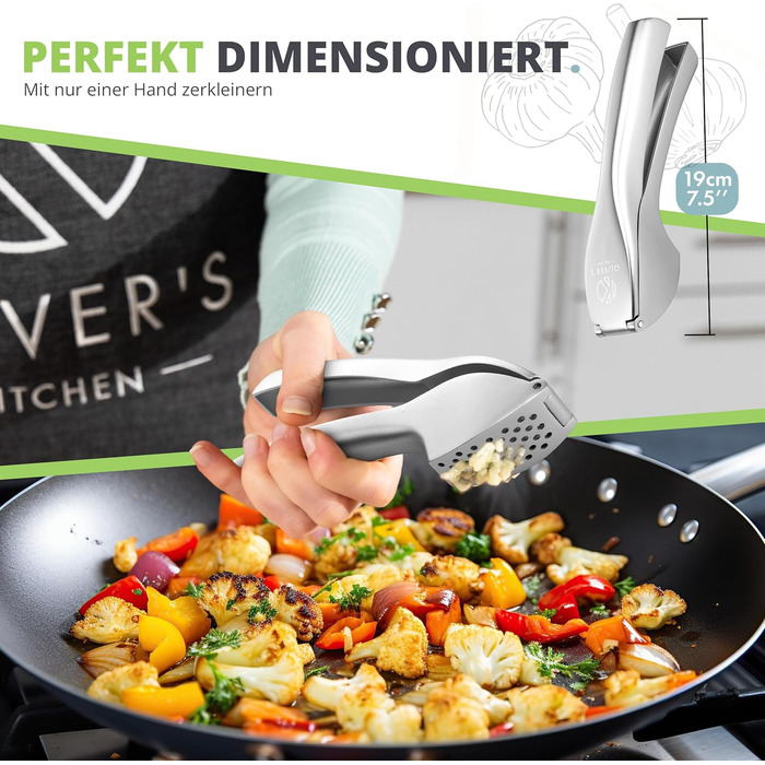 Преміум-прес для часнику Oliver's Kitchen® - зручний та легко миється - подрібнює часник та імбир без лушпиння - міцний та довговічний (сріблястий)