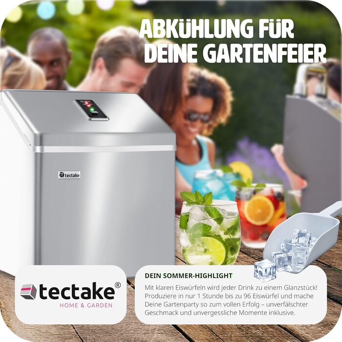 TecTake Professional Ice Cube Machine, Ice Cube Maker for Clear Ice Cubes, Ice Cube Maker, 13 Kg 24 h, 2.2 Liter Water Tank, 24 Ice Cubes per Cycle, incl. Ice Bucket and Ice Scoop - Silver