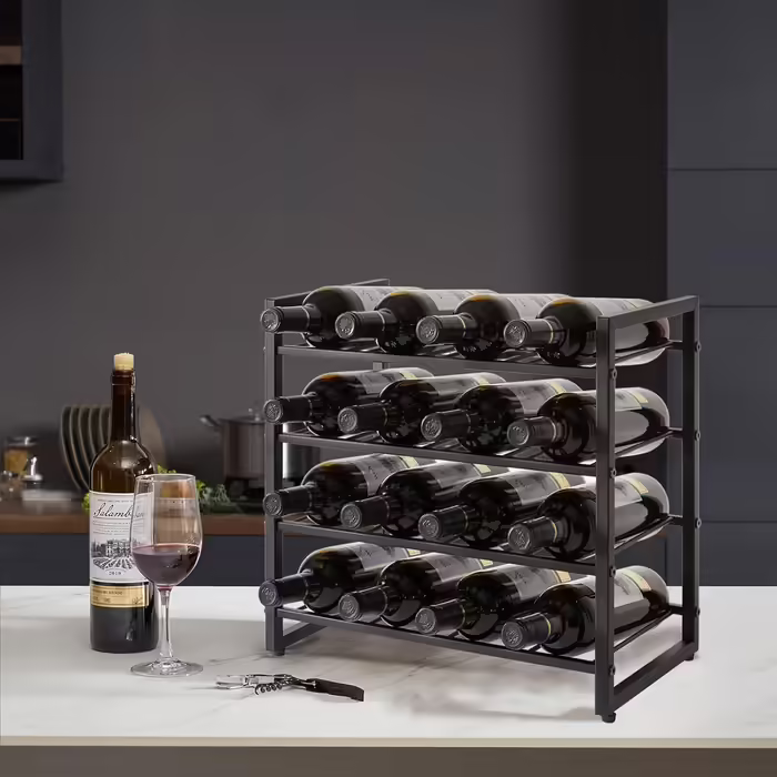 IBUYKE Wine Rack Metal, Freestanding Wine Rack Storage, 4-Tier 16 Bottle Rack, For Bar Counter, Restaurant, Kitchen, Table Rack Wine Holder, Black TMJ903H Metal 16 Bottles