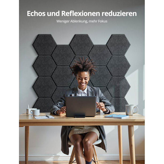 Акустичні гексагональні панелі самоклеючі для звукоізоляції, 12 шт, поглинач шуму для студії, вітальні, геймерської кімнати та офісу, 30 x 26 x 0,9 см (Темно-сірий)