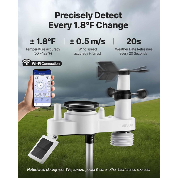 Метеостанція VEVOR Profi 7-в-1 WiFi з сонячною панеллю, 7.5