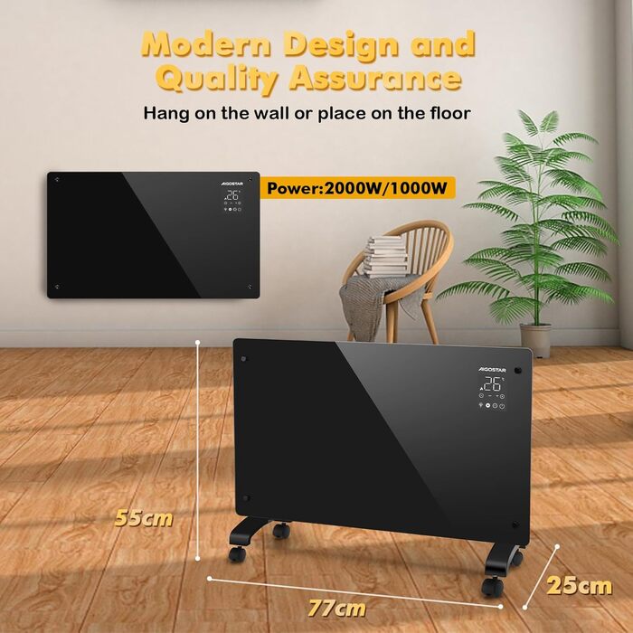 Електричний конвектор Aigostar з термостатом та Wi-Fi, 2000W, для приміщень до 30 м², чорний