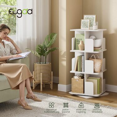 Обертова книжкова полиця EUGAD 4 рівня, 360°, МДФ, біла, 39,5x128x39,5 см, для дому та офісу