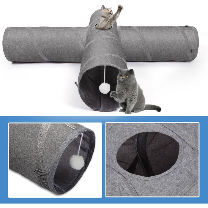 Cat Tunnel Toy, 4-Way Collapsible Cat Tunnel for Indoor Cats, Interactive Peek Hole, Pet Tunnel with Cat Wand Toy