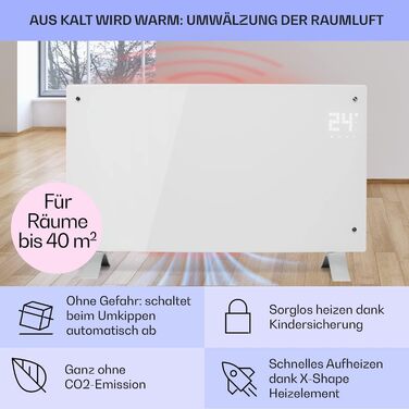 Klarstein Electric Heater, Convector Heater - Freestanding or Wall-Mountable, Energy-Saving, App Control, Quiet, Electric Standalone Heater with Thermostat, 2000 W White Bornholm Curved Smart
