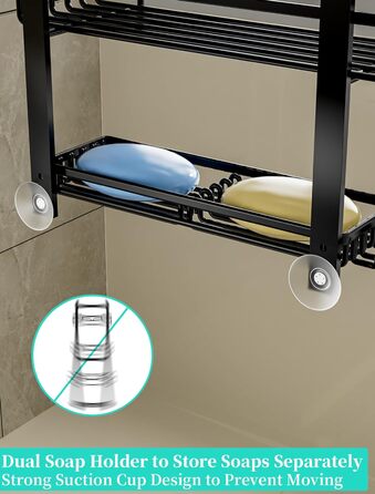 HapiRm Shower Shelf - Hanging Shower Rack Adjustable with 4 Shower Baskets, Shower Shelf No Drilling with Soap Dish and Hooks, Shower Shelf Over the Door Glass Wall & Bathroom Door, Black