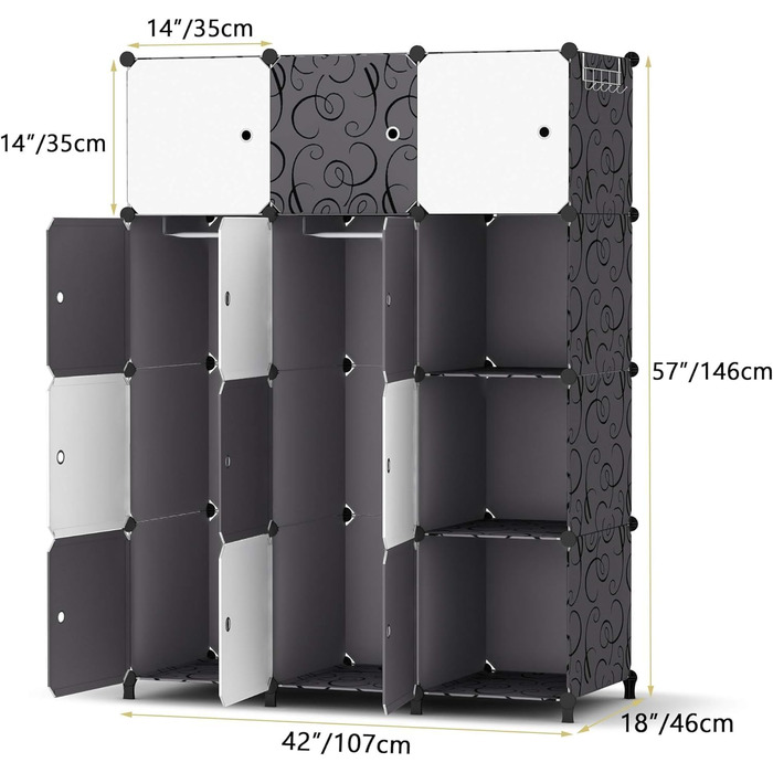 HOMIDEC Closet, Portable Storage System, 20-Cube Plastic Closet with 2 Clothes Rods, Bedroom Closet Wardrobe White for Bedroom, 180 x 142 x 45cm (12 cube, White & Black)