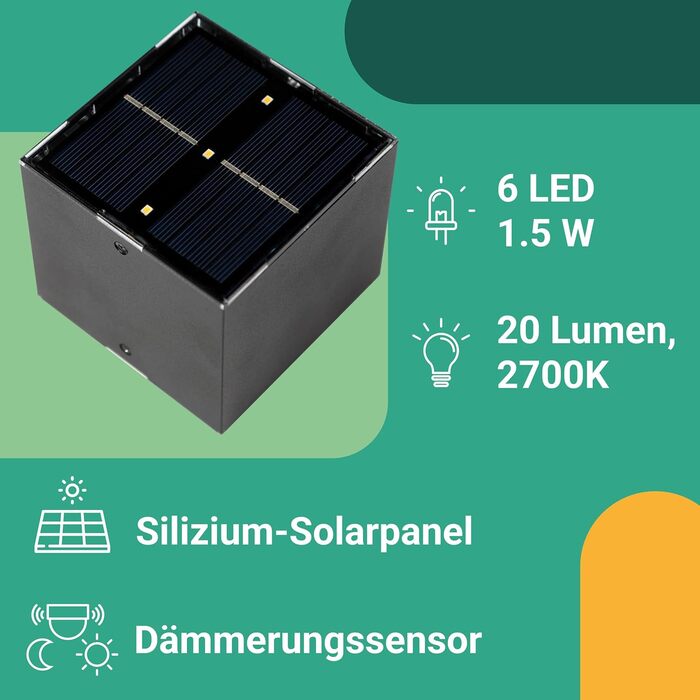 Сонячна вулична лампа Proxinova Solar Wandleuchte - Водонепроникне освітлення для забору, бездротове освітлення саду, дизайн освітлення атмосфери, проста установка, сенсорна вулична лампа | 2 шт. Кубічна 2.0